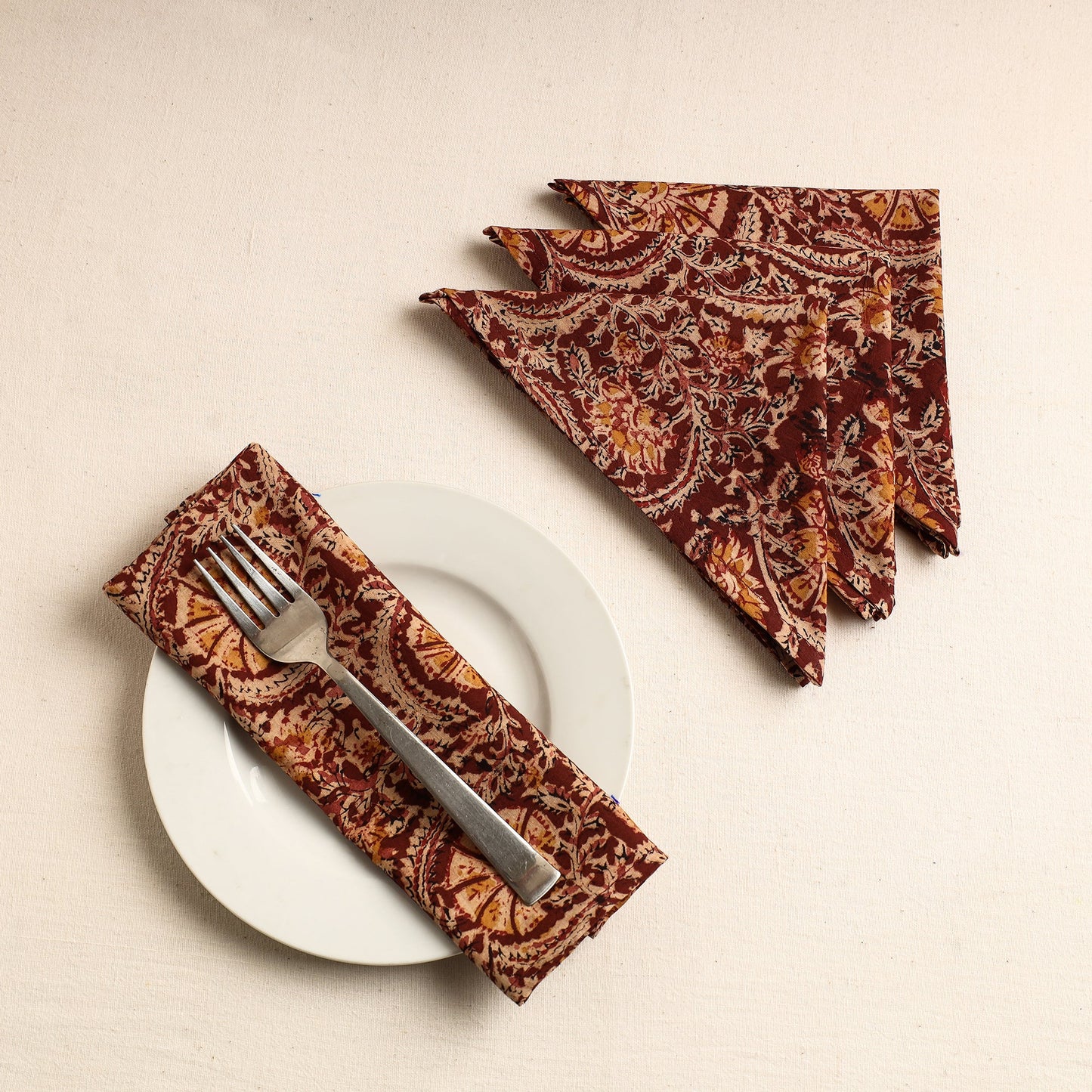 Set of 4 - Red Kalamkari Block Printed Cotton Table Napkins