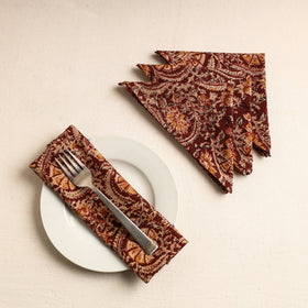 Set of 4 - Red Kalamkari Block Printed Cotton Table Napkins