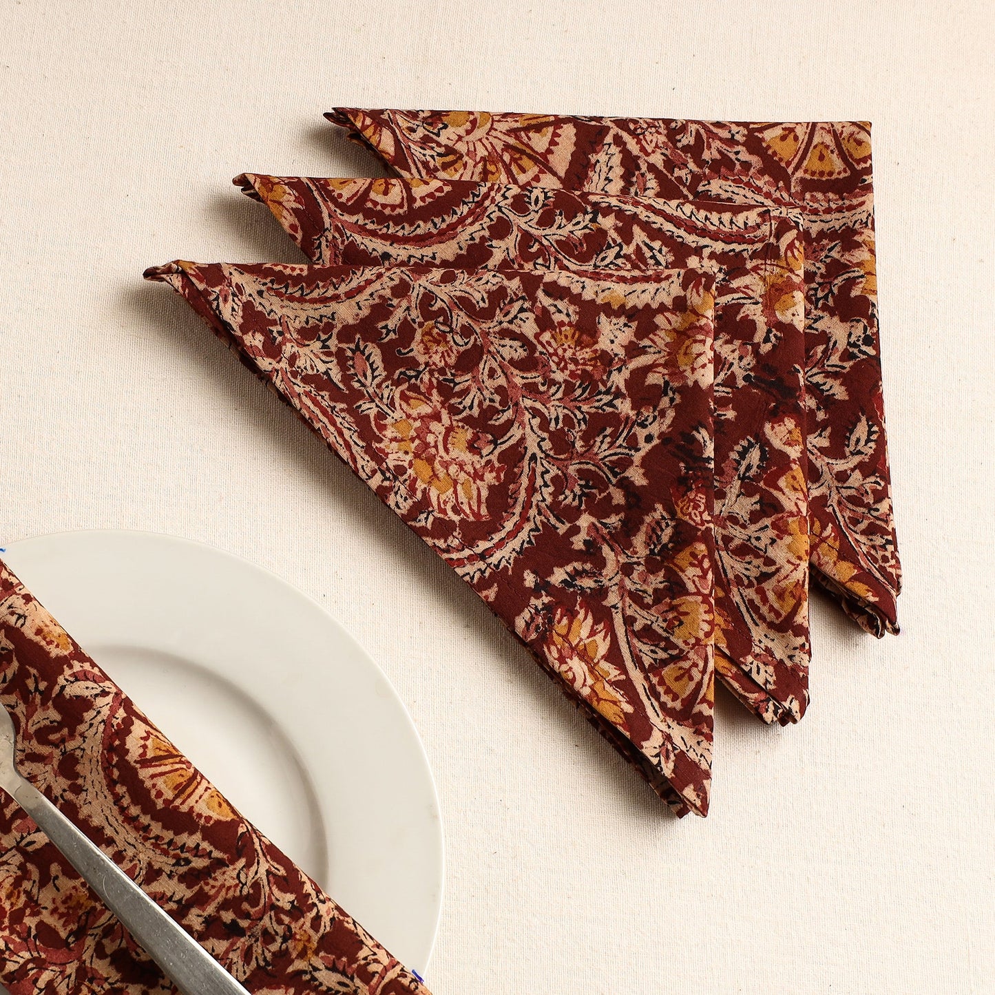 Set of 4 - Red Kalamkari Block Printed Cotton Table Napkins