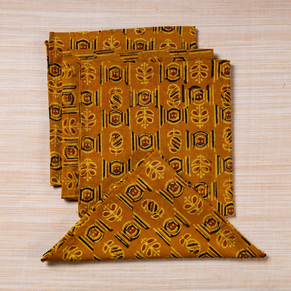  Yellow Hand Block Prints Cotton Table Napkin