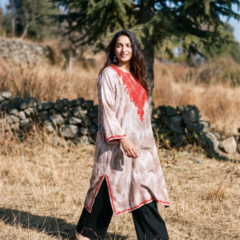 Brown Shibori Tie-Dye Aari Hand Embroidery Kashmiri Wool Pheran, worn by a model, AI visual of the pheran, iTokri