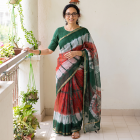 Multicolor Shibori Tie-Dye Kota Doria Cotton Saree, draped and worn by a woman, AI visual of the saree, iTokri