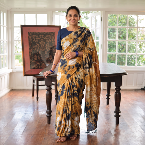 Yellow Shibori Tie-Dye Pure Mul Cotton Ready To Wear Saree, draped and worn by a woman, AI visual of the saree, iTokri