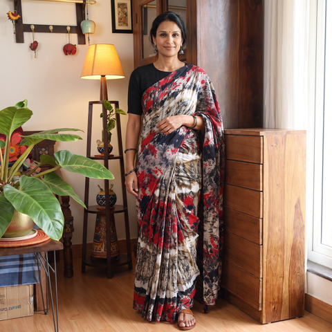 Multicolor Shibori Tie-Dye Pure Mul Cotton Ready To Wear Saree, draped and worn by a woman, AI visual of the saree, iTokri