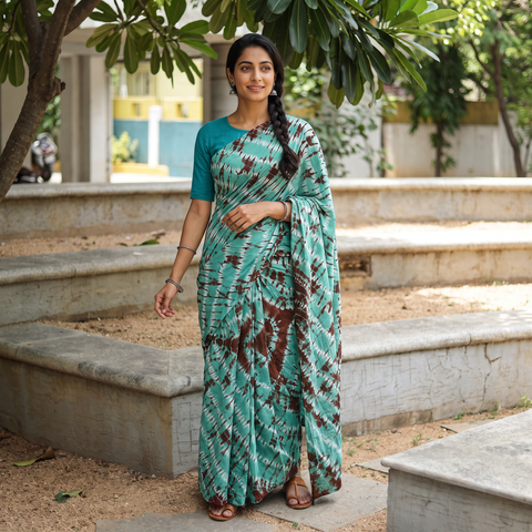 Green Shibori Tie-Dye Pure Mul Cotton Ready To Wear Saree, draped and worn by a woman, AI visual of the saree, iTokri