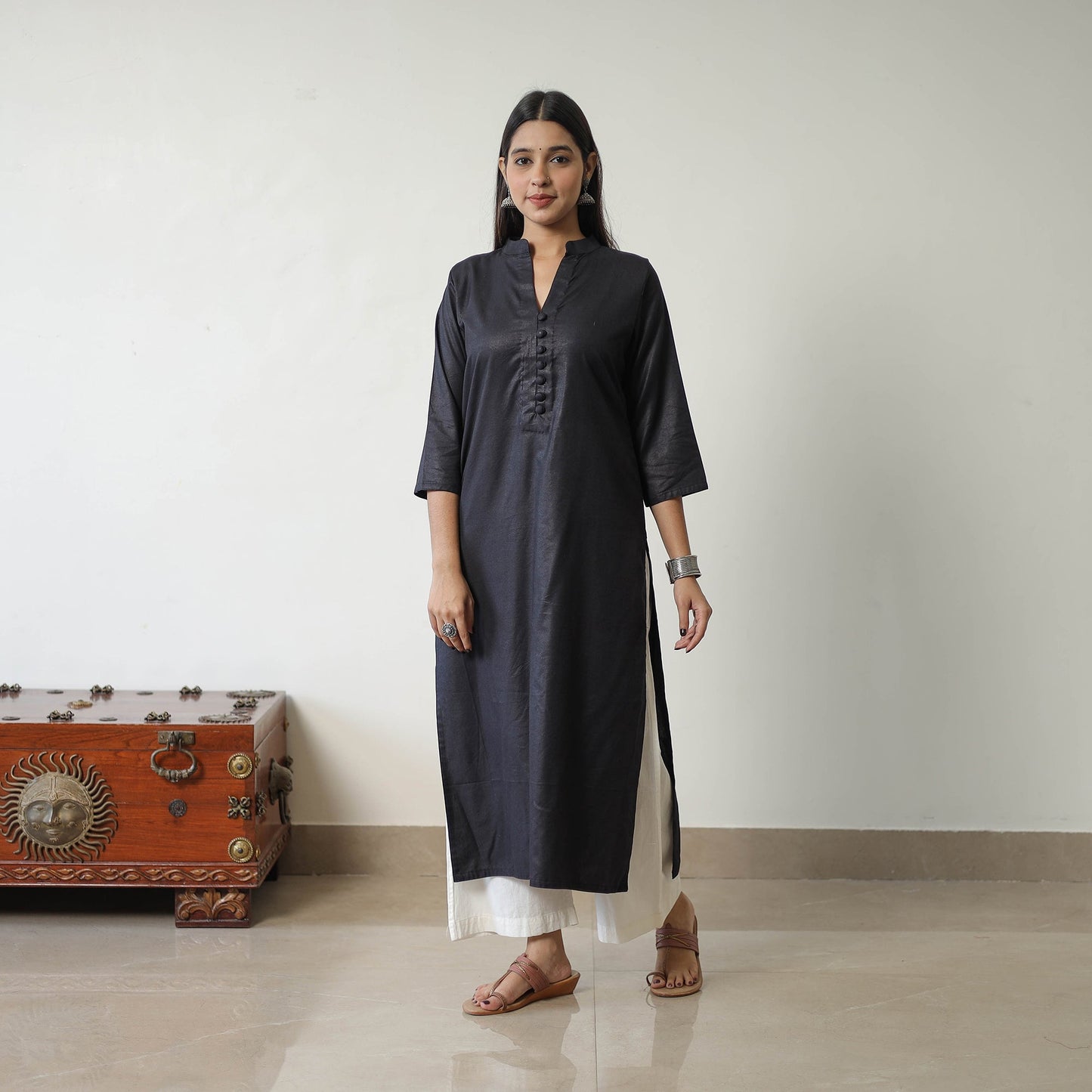 Shuchi black linen cotton plain kurta - handcrafted