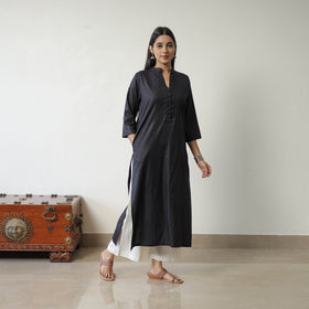 Shuchi black linen cotton plain kurta - handcrafted