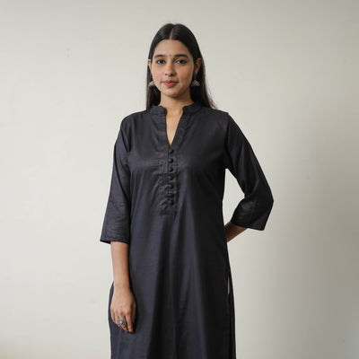 Shuchi black linen cotton plain kurta - handcrafted
