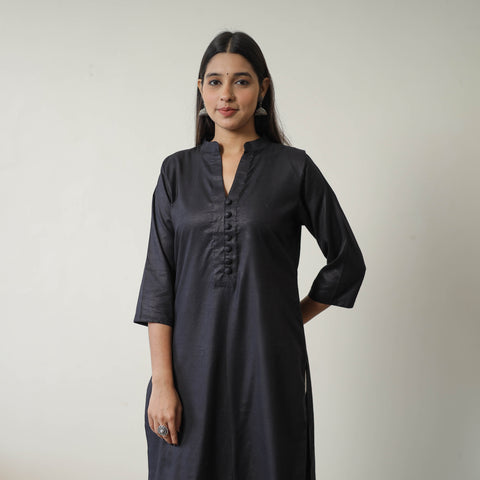 Shuchi black linen cotton plain kurta - handcrafted