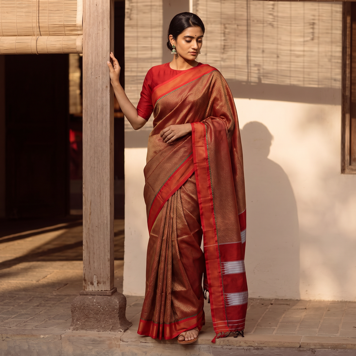 Red Silk Cotton Khun Saree with Chikki Paras Border, draped and worn by a woman, AI visual of the saree, iTokri