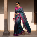 Blue Silk Cotton Khun Saree with Ilkal Pallu Chikki Paras Border, draped and worn by a woman, AI visual of the saree, iTokri