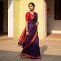 Purple Silk Cotton Khun Saree with Ilkal Pallu Chikki Paras Border, draped and worn by a woman, AI visual of the saree, iTokri