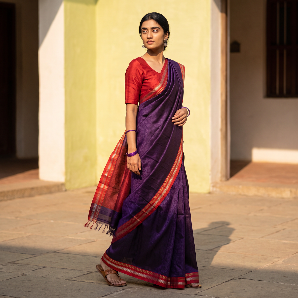 Purple Silk Cotton Khun Saree with Ilkal Pallu Chikki Paras Border, draped and worn by a woman, AI visual of the saree, iTokri