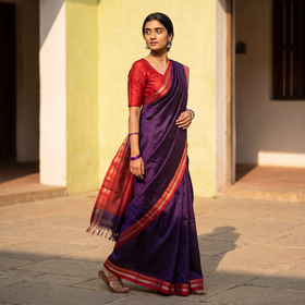 Purple Silk Cotton Khun Saree with Ilkal Pallu Chikki Paras Border, draped and worn by a woman, AI visual of the saree, iTokri