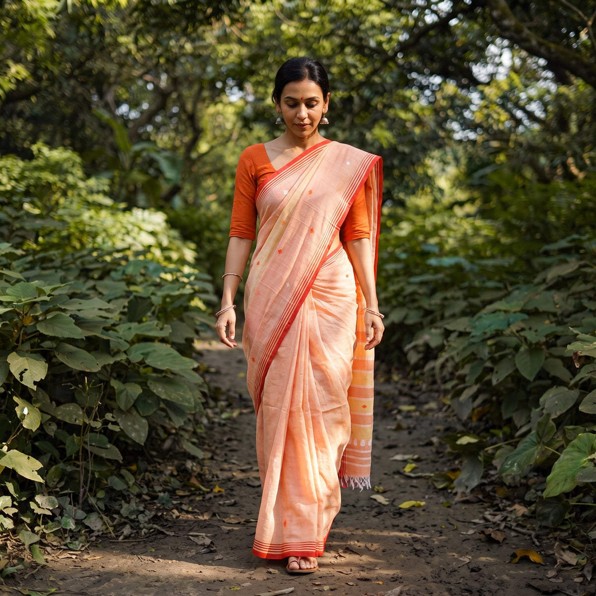 Peach Silk Cotton Thread Buti Assam Pure Handwoven Saree, draped and worn by a woman, AI visual of the saree, iTokri