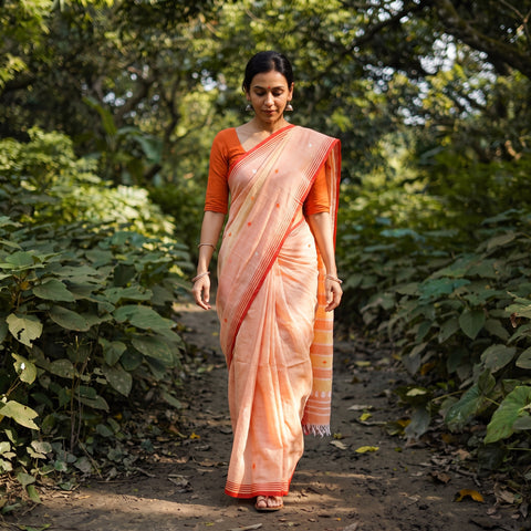 Peach Silk Cotton Thread Buti Assam Pure Handwoven Saree, draped and worn by a woman, AI visual of the saree, iTokri