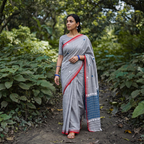 Grey Silk Cotton Thread Buti Assam Pure Handwoven Saree, draped and worn by a woman, AI visual of the saree, iTokri