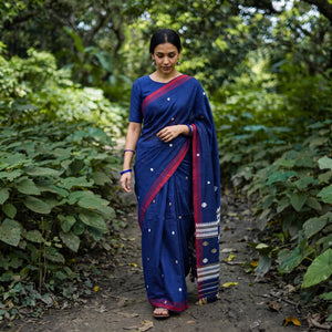 Royal Blue Silk Cotton Thread Buti Assam Pure Handwoven Saree with Blouse Piece, draped and worn by a woman, AI visual of the saree, iTokri