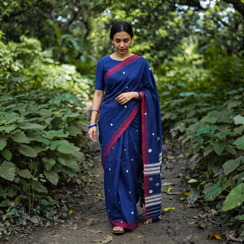 Royal Blue Silk Cotton Thread Buti Assam Pure Handwoven Saree with Blouse Piece, draped and worn by a woman, AI visual of the saree, iTokri