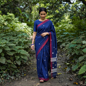 Royal Blue Silk Cotton Thread Buti Assam Pure Handwoven Saree with Blouse Piece, draped and worn by a woman, AI visual of the saree, iTokri