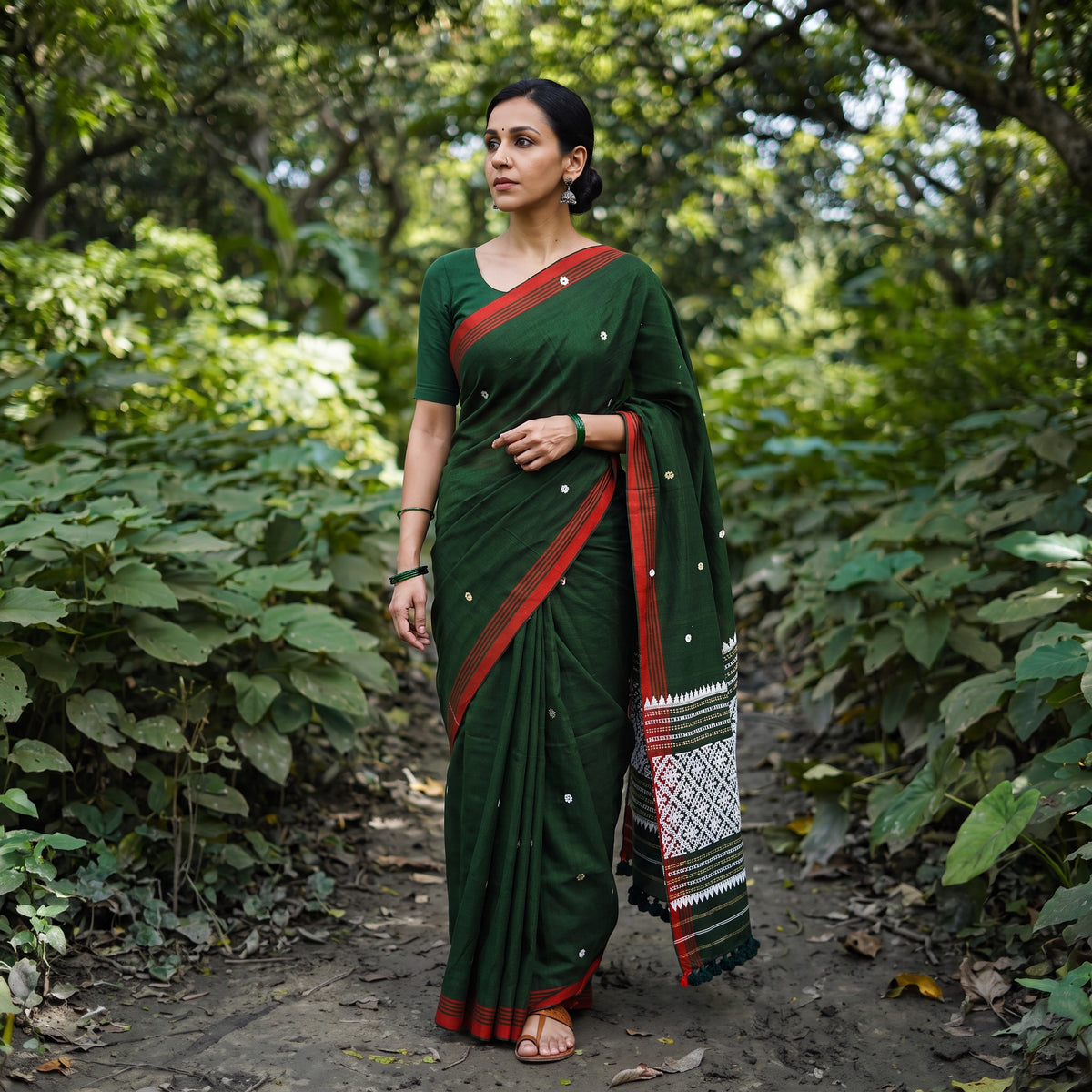 Bottle Green Silk Cotton Thread Buti Assam Pure Handwoven Saree with Blouse Piece, draped and worn by a woman, AI visual of the saree, iTokri