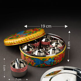 Bengal Patua Handpainted Stainless Steel Yellow Masala Box