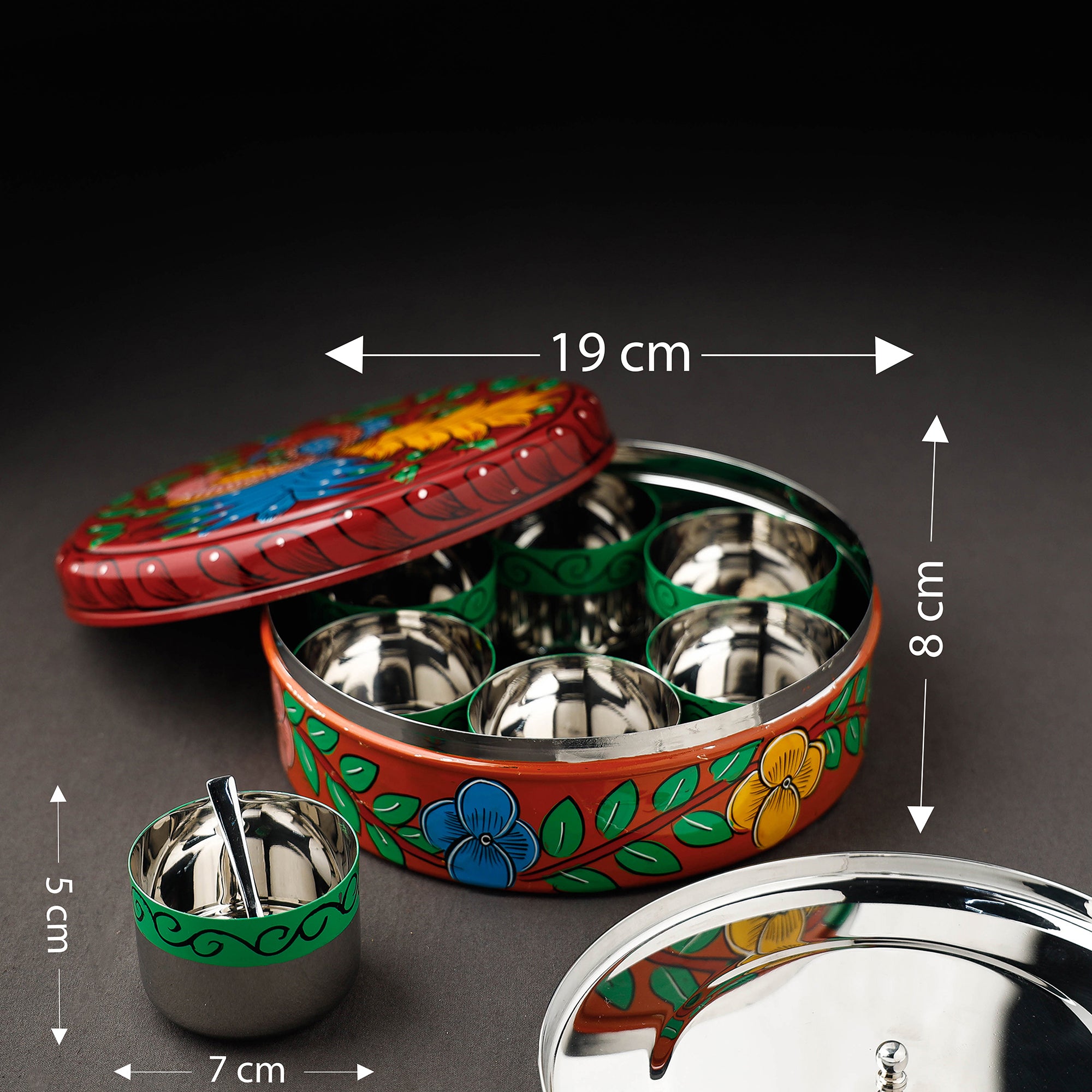 Bengal Patua Handpainted Stainless Steel Maroon Masala Box