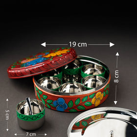 Bengal Patua Handpainted Stainless Steel Maroon Masala Box