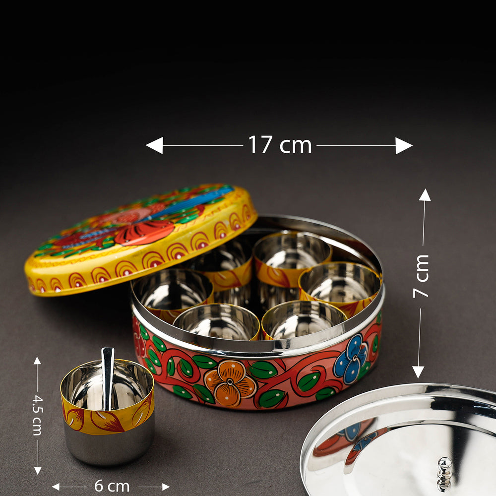 Bengal Patua Handpainted Stainless Steel Masala Box (7.5 x 7.5 in)