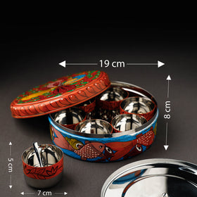 Bengal Patua Orange Handpainted Stainless Steel Masala Box