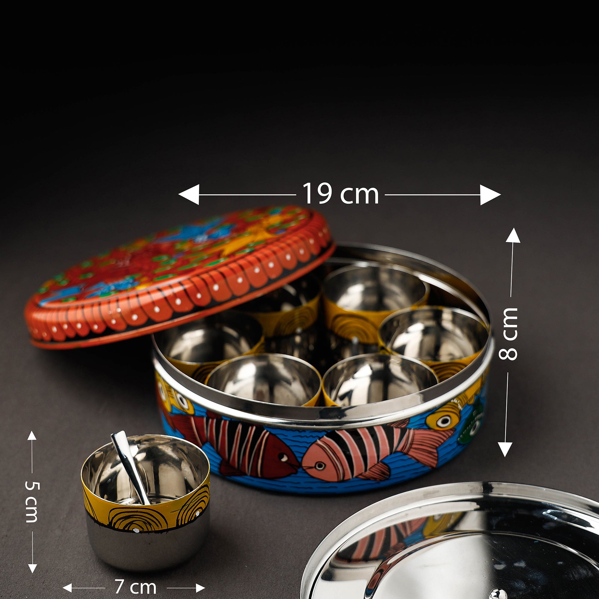Bengal Patua Handpainted Stainless Steel Multicolor Masala Box 