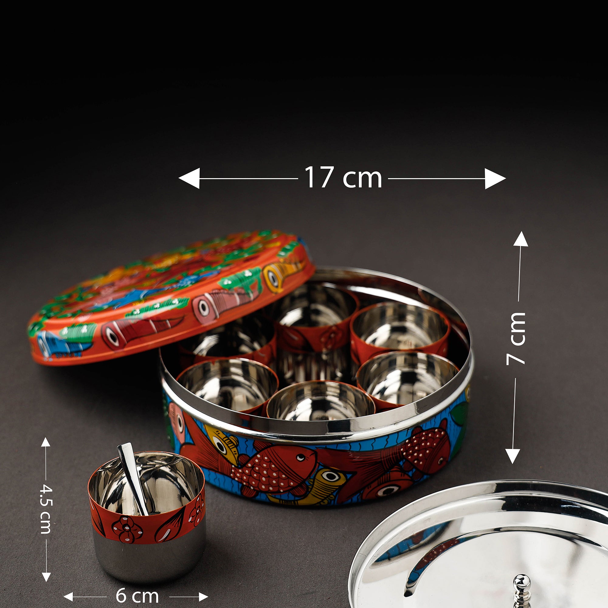 Bengal Patua Handpainted Stainless Steel Multicolor Masala Box