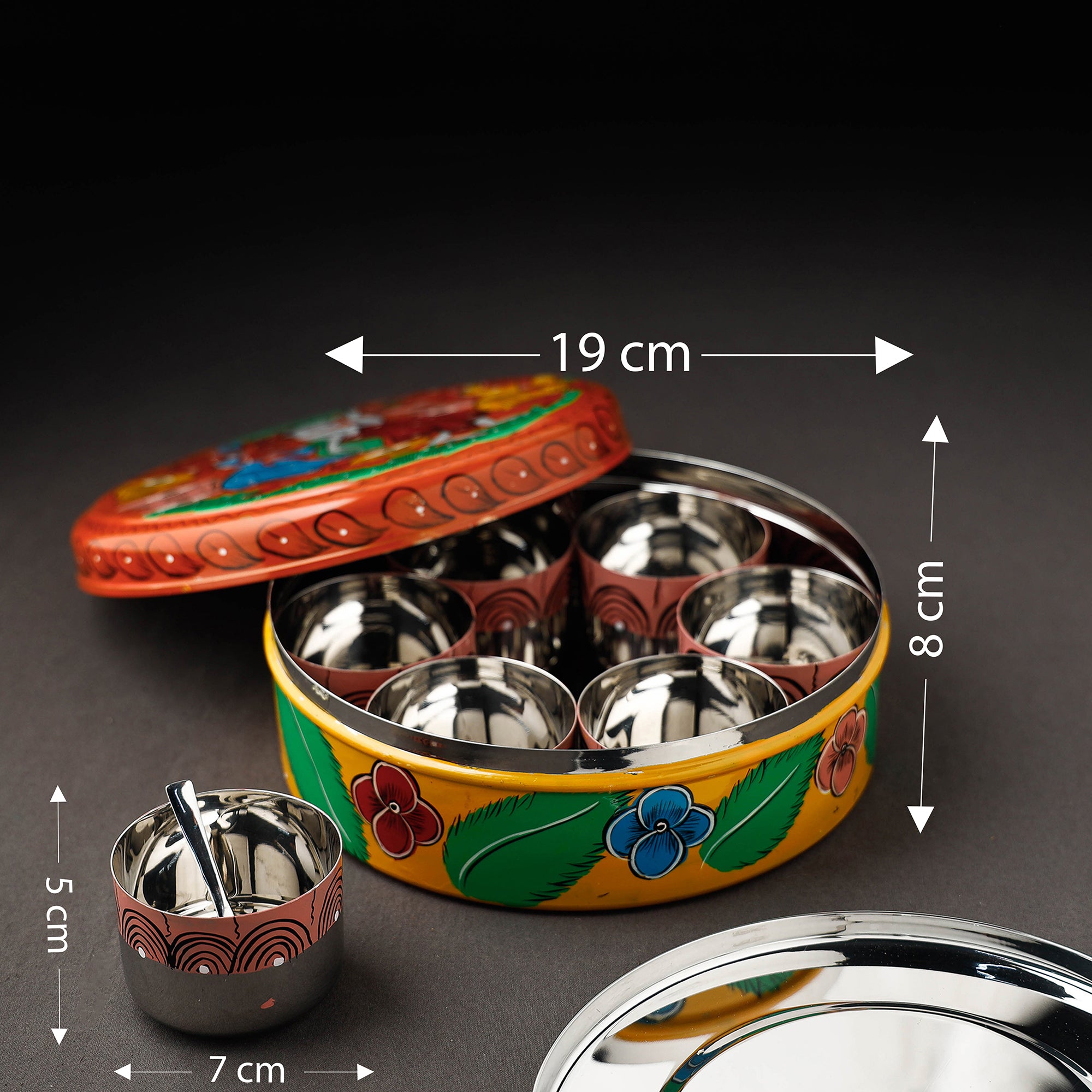 Bengal Patua Handpainted Stainless Steel Multicolor Masala Box
