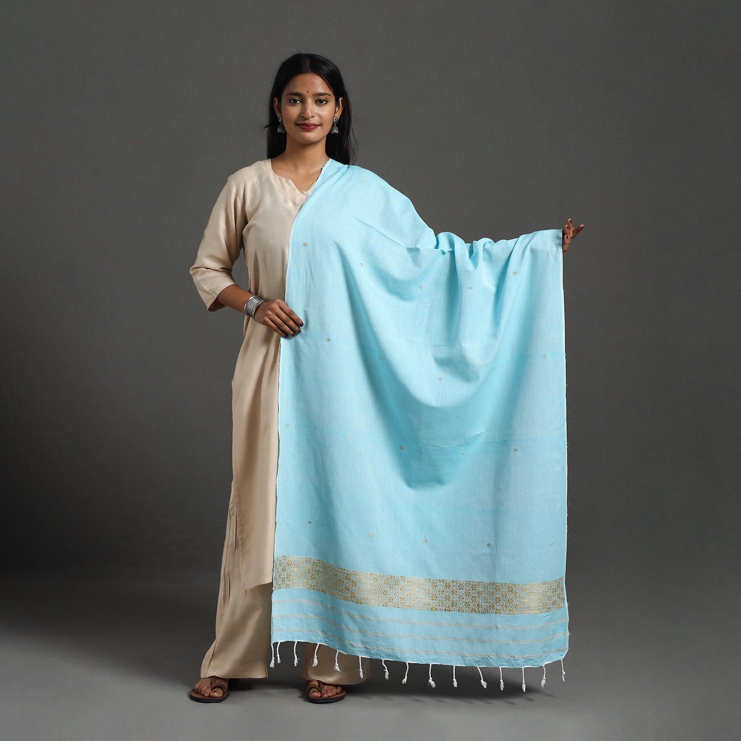 Sky blue - assam weave thread buti cotton handloom dupatta