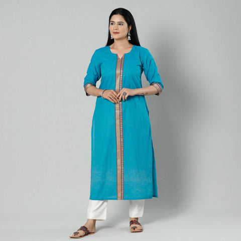 Sky blue dharwad cotton long kurti - handcrafted