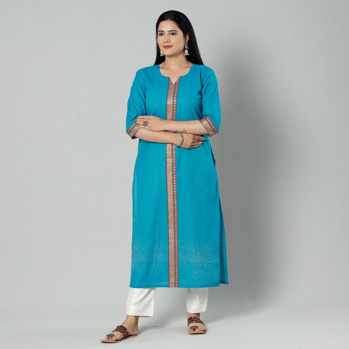 Sky blue dharwad cotton long kurti - handcrafted