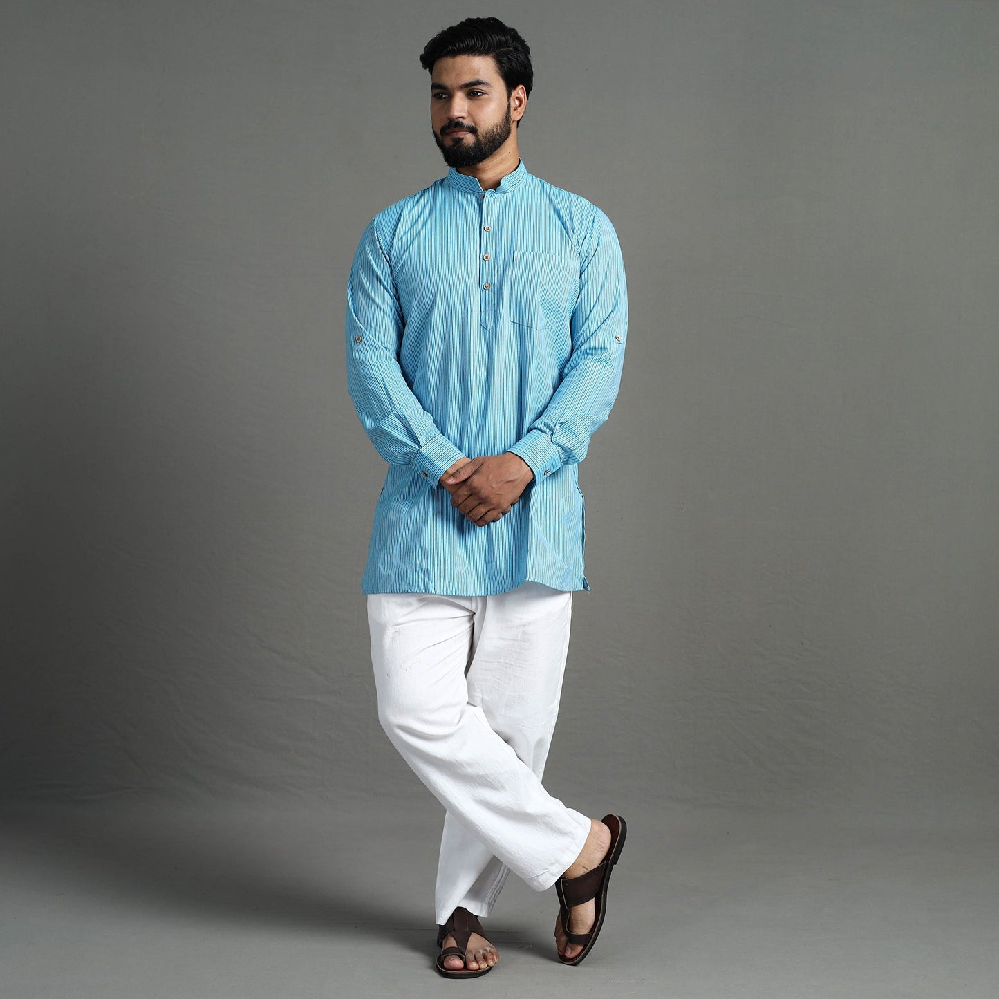 Buy Handloom Cotton Stripe Men Short Kurta Online at iTokri.com