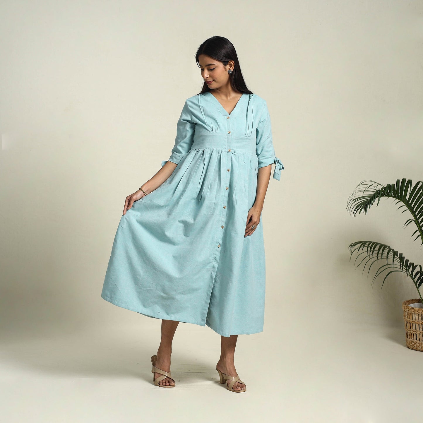 Buy Sky Blue Jhiri Handloom Cotton Plain Dress Online