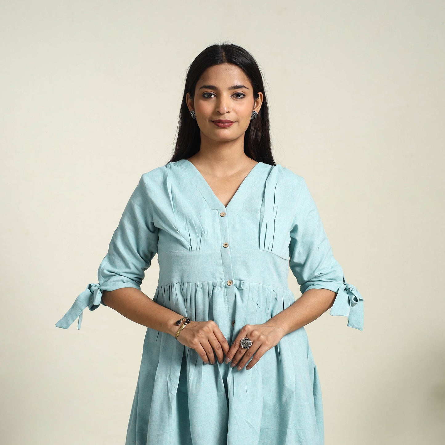 Buy Sky Blue Jhiri Handloom Cotton Plain Dress Online