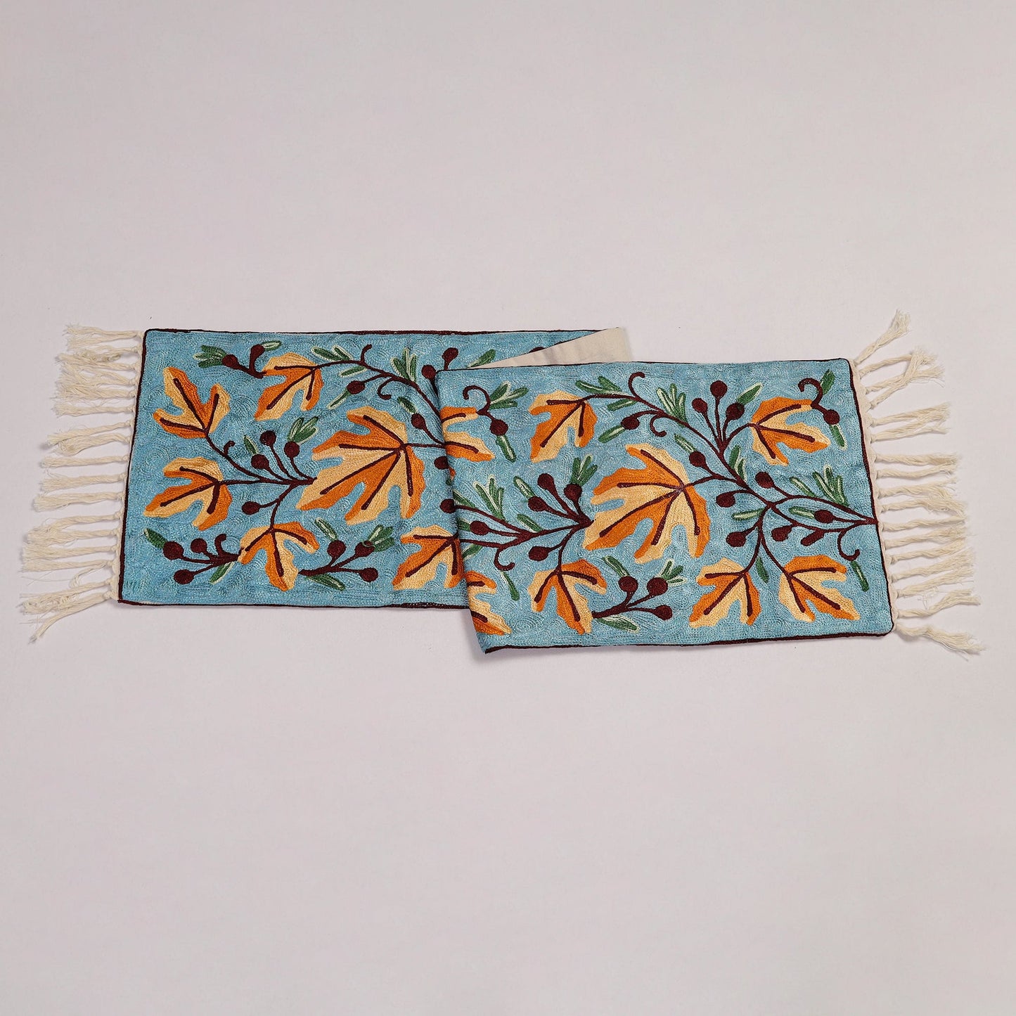 Sky Blue Crewel Wool Hand Embroidery Table Runner