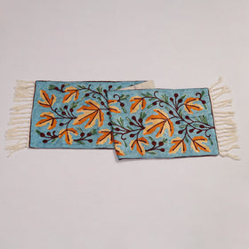Sky Blue Crewel Wool Hand Embroidery Table Runner