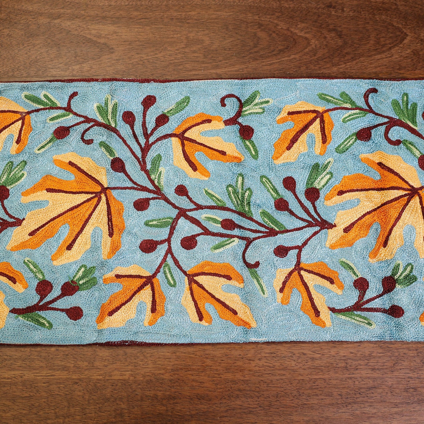 Sky Blue Crewel Wool Hand Embroidery Table Runner