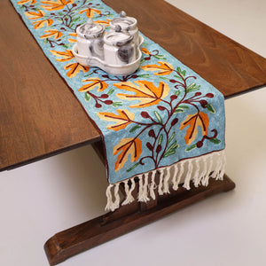Sky Blue Crewel Wool Hand Embroidery Table Runner