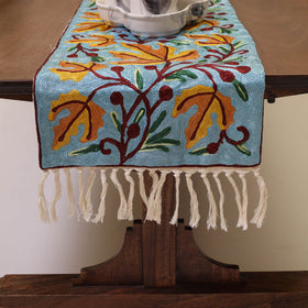 Sky Blue Crewel Wool Hand Embroidery Table Runner
