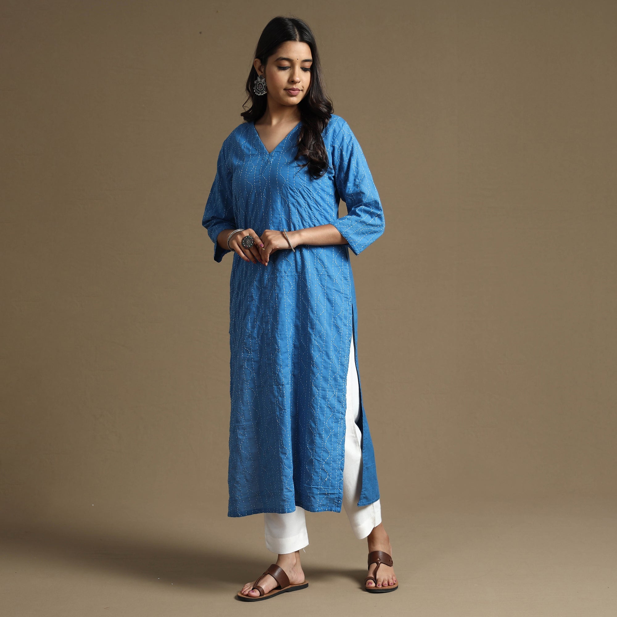  Plain Cotton Tagai Work Long Kurta 