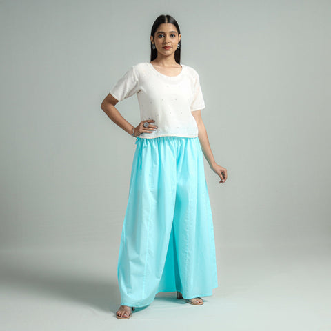  Sky Blue Plain Dyed Cotton Flared Palazzo 