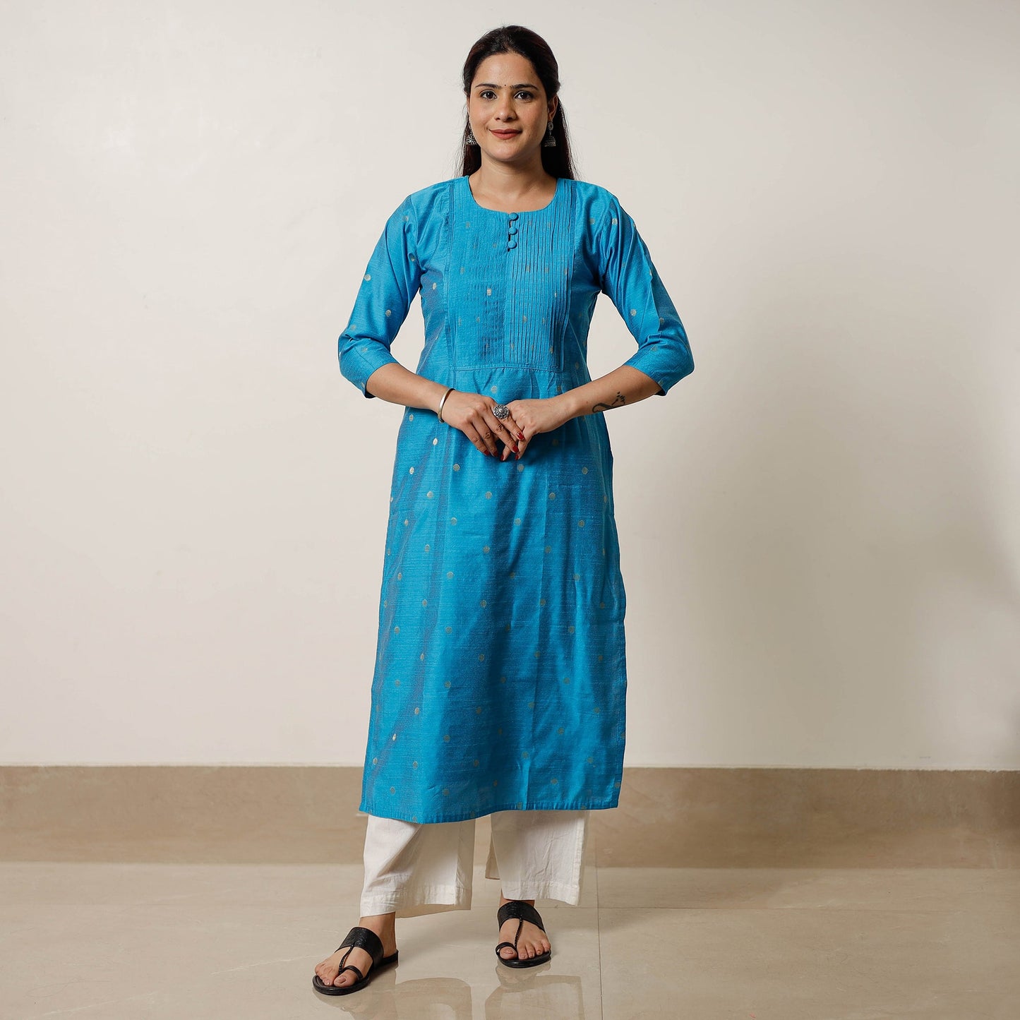 Sky blue - polka zari butta spun dupion silk long straight