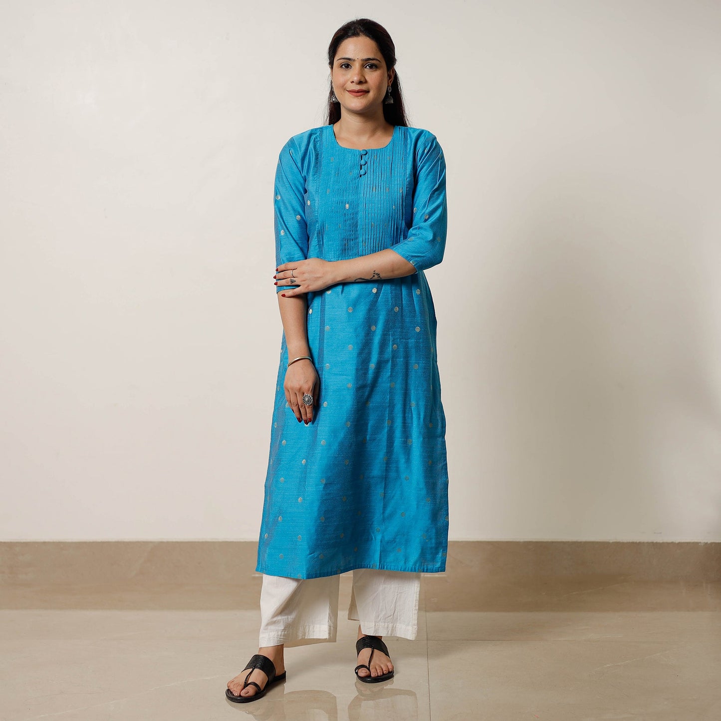 Sky blue - polka zari butta spun dupion silk long straight