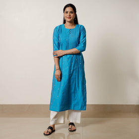 Sky blue - polka zari butta spun dupion silk long straight