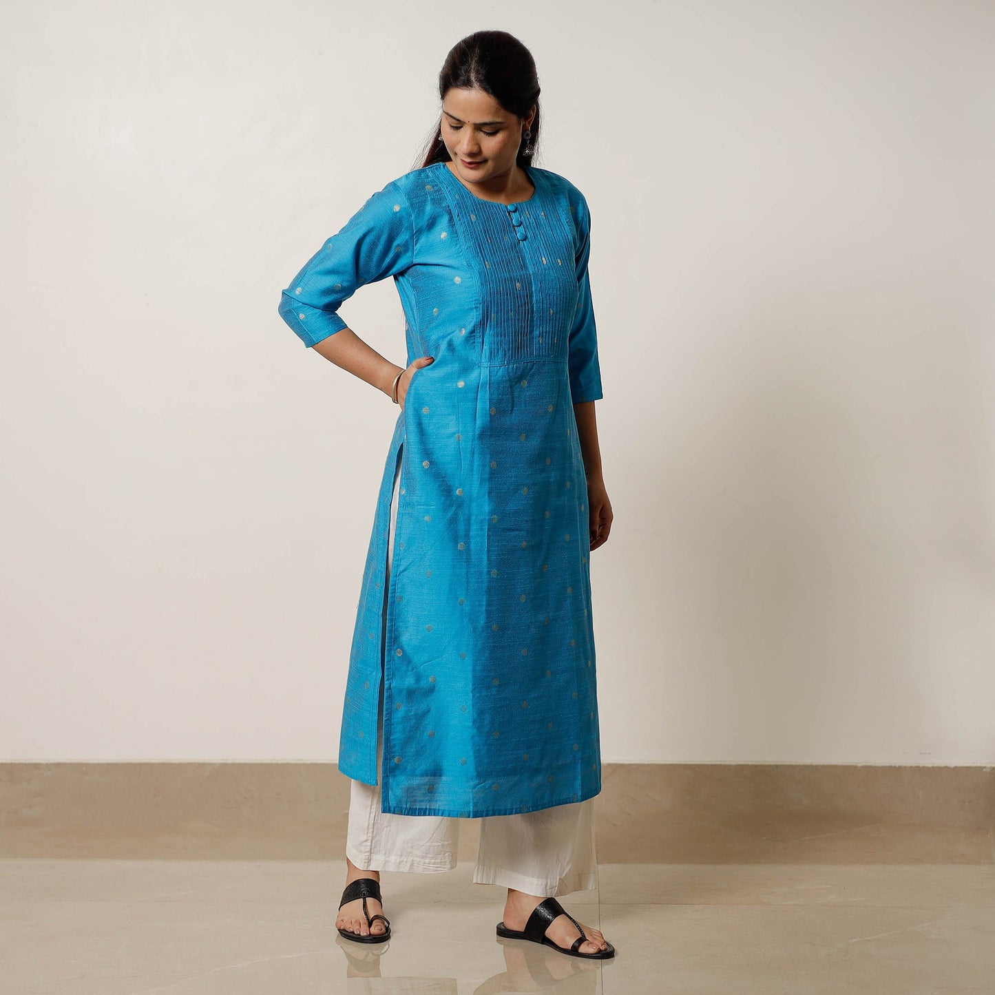 Sky blue - polka zari butta spun dupion silk long straight